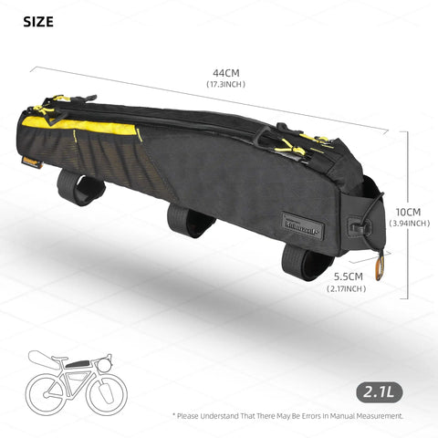 Top Tube Bike Bag Waterproof Front Frame Organizer 2.1L With Dual Side Mesh Pockets for MTB Road Bike, showing measurements