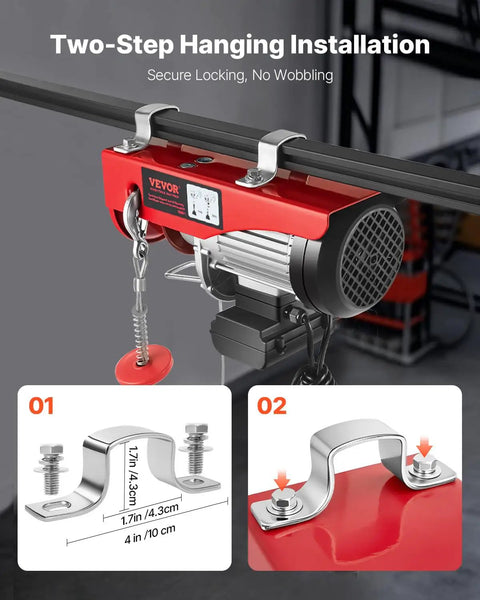 Beefed Up 880 Lb Electric Hoist With 110V Power Remote Control Winch showing two-step hanging installation with secure locking