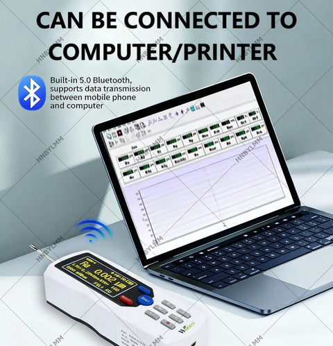 Pro Grade Portable Digital Surface Roughness Tester With 13 Parameters And 0.001 Micron Resolution Diamond Sensor 160 Micron Measurement Range Inductive Technology For Industrial And Laboratory Use Fast Accurate Surface Quality Analysis connected to laptop