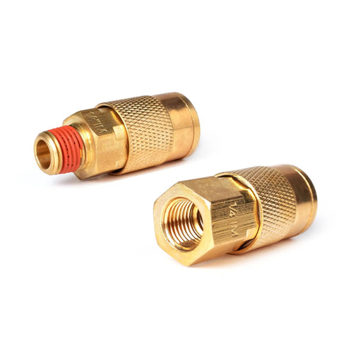 Solid Brass Air Fittings Kit With One Quarter Inch NPT Couplers And Plugs, shown close-up, brass construction and thread details.