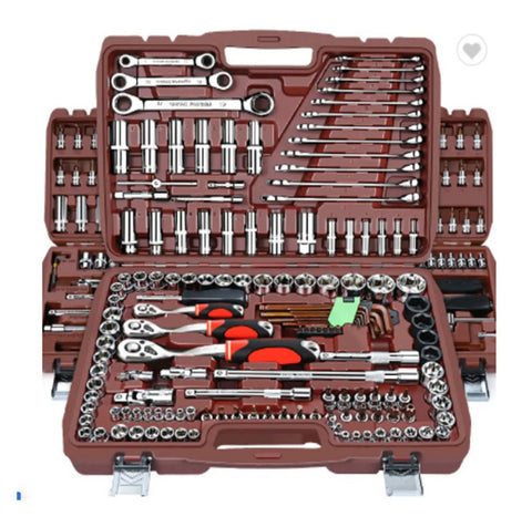 Auto Repair Tool Box And Socket Wrench Set Kit 1 With YLD216 Compatibility, featuring organized sockets and wrenches in case.