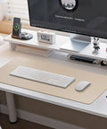 Premium Leather Desk Pad Protector For A Clean Boss Level Desk Setup, Non Slip Mouse Pad And Laptop Desk Mat, Waterproof Leather Blotter, Office And Home Writing Pad, 30 X 14 Inches In Beige on desk with keyboard and mouse