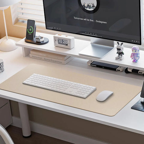 Premium Leather Desk Pad Protector For A Clean Boss Level Desk Setup, Non Slip Mouse Pad And Laptop Desk Mat, Waterproof Leather Blotter, Office And Home Writing Pad, 30 X 14 Inches In Beige on desk with keyboard and mouse