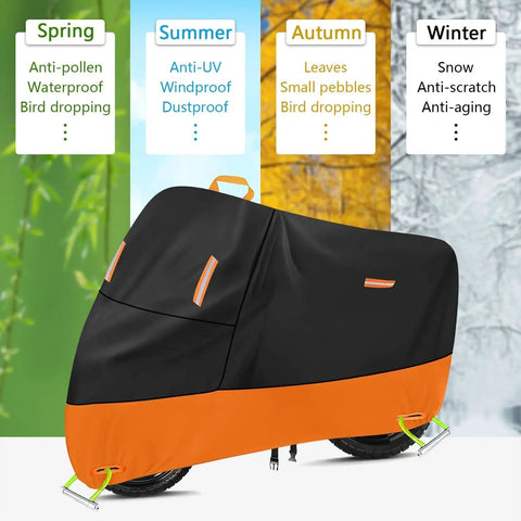 Heavy Duty Motorcycle Cover For Segway Dirt Ebike X260 All Weather Outer Shield 420D Oxford, black and orange, for spring to winter use