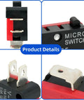 Close-up of 12 Pack Micro Limit Switch With Pin Plunger Actuator SPDT showing contact terminals and actuator mechanism.