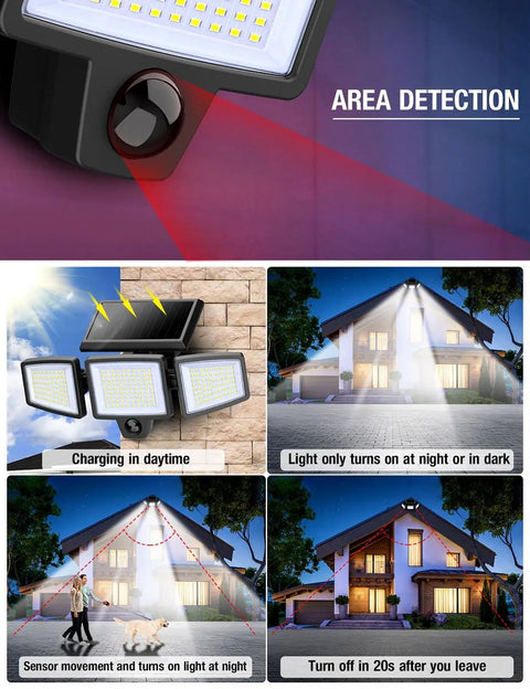 Solar Flood Lights With Motion Sensor, 210 LED 2500LM 6500K, All Weather IP65 feature area detection and adjustable heads.