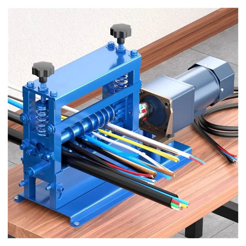 Top Rated Fully Automatic Cable Stripper Machine Multi Function Electric Wire Stripper on wooden table with wires.