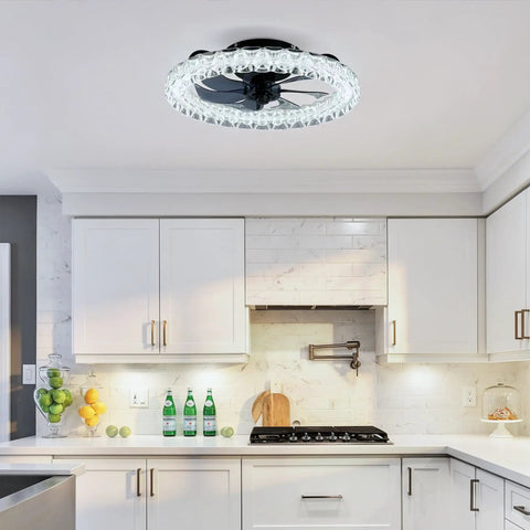 Neojoyoenix Light Fixture, Galaxy Ceiling Fans with Kit, LED light source in modern kitchen, black finish with crystals.