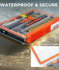 HyperSeal 3500 Double Sided Waterproof Fishing Tackle Box on water with secure seal and dividers.