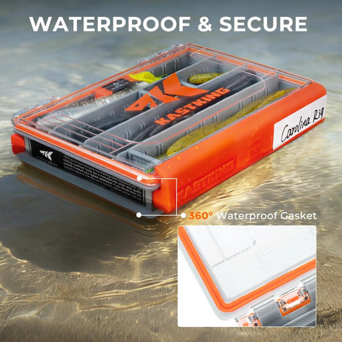 HyperSeal 3500 Double Sided Waterproof Fishing Tackle Box on water with secure seal and dividers.