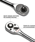 Close-up of a chrome vanadium steel Two Way Quick Release Ratchet Handle with switch and quick release feature for One Half Inch Drive Ratchet Socket Set.