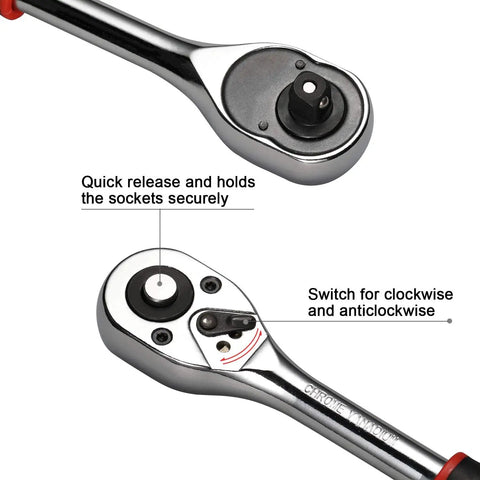 Close-up of a chrome vanadium steel Two Way Quick Release Ratchet Handle with switch and quick release feature for One Half Inch Drive Ratchet Socket Set.