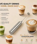 Portable Milk Frother Handheld Battery Operated Travel Coffee Frother With 2 Stainless Steel Whisks For Creamy Foam In Seconds Ideal For Lattes Cappuccinos Hot Chocolate And More Batteries Included Silver with beverage examples on display