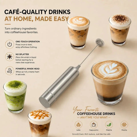 Portable Milk Frother Handheld Battery Operated Travel Coffee Frother With 2 Stainless Steel Whisks For Creamy Foam In Seconds Ideal For Lattes Cappuccinos Hot Chocolate And More Batteries Included Silver with beverage examples on display