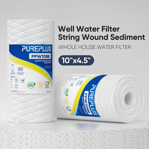 5 Micron Whole House String Wound Sediment Filter 10 X 4.5 Inch For Well Water Replacement Cartridge Reduces Up To 99 Percent Sediment Sand Rust And Color 2 Pack shown on table