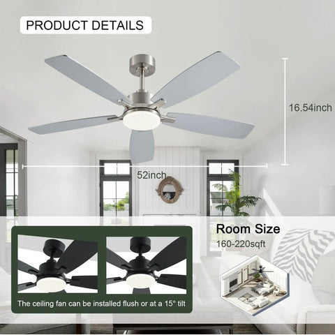 FUMLTP 52 inch Modern Ceiling Fans with Lights APP/Remote Control, Nickel shown in a living room setting.
