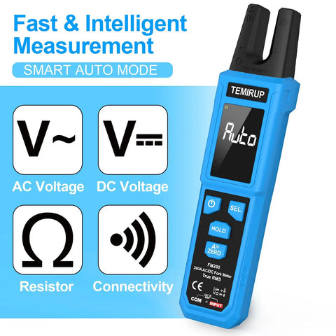 Digital Clamp Meter With U Shaped Jaw For AC And DC Current And Voltage Auto Range 4000 Counts Large Backlit LCD shown with mode options