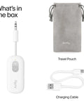 Wireless Bluetooth Audio Transmitter For AirPods And Headphones With 20 Plus Hour Battery, showing transmitter, travel pouch, and cable.