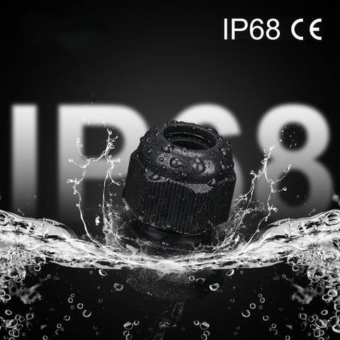 Close-up of black waterproof nylon cable gland from the 20 Pack PG16 Waterproof Nylon Cable Glands With Gaskets Adjustable 10 14mm Black IP68 Outdoor Grade Cable Gland Connectors For Weatherproof Electrical Boxes And DIY Projects, showing water resistance in splash environment.
