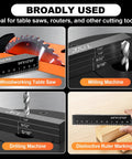 15 Piece Height Gauge Block Set For Woodworking With Precision Ruler Marked Bars shown in use on table saw, mill, and drill.