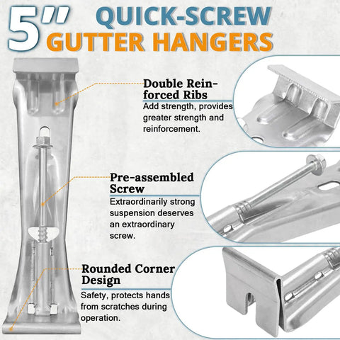 5 Inch Gutter Hangers And Hidden Bracket Set For Sagging Gutters, No Fuss Install Quick Screw System For 5 Inch K Type Aluminum Gutters
