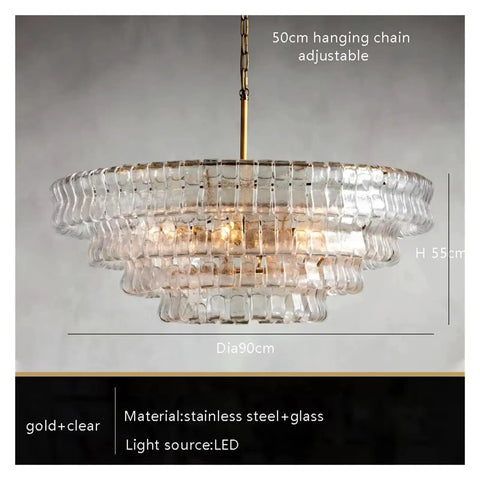 Next Level French Gray Glass Ceiling Pendant Light Sleek Round Chandelier With Dreamy Warm Ambiance, clear glass design, 90cm diameter.
