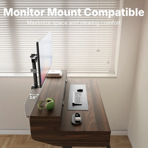 Heavy Duty Electric Standing Desk 48 By 24 Inch With Four Built In Drawers For Smart Storage, walnut finish, monitor mount compatibility.