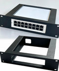 Heavy Duty Rack Mount Bracket Compatible With Ubiquiti UniFi USW Lite 16 PoE Switch, black steel, fits 10 inch racks.