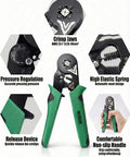 Self-Adjusting Ferrule Crimping Tool Kit With 1200 Wire Connectors For AWG 23 To 7, showing tool features like crimp jaws, pressure regulation, and non-slip handle.