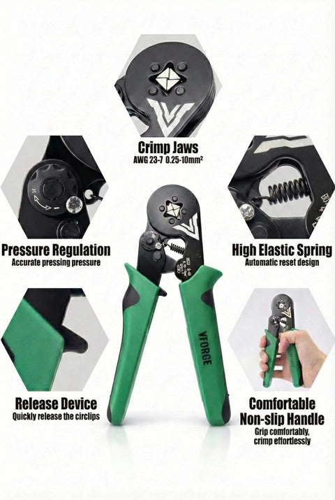 Self-Adjusting Ferrule Crimping Tool Kit With 1200 Wire Connectors For AWG 23 To 7, showing tool features like crimp jaws, pressure regulation, and non-slip handle.