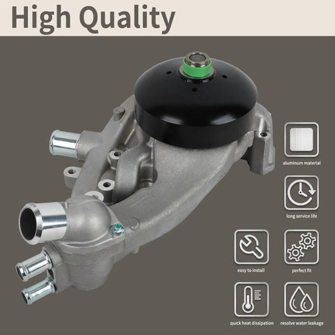 Hardened Built Tough Water Pump Kit With Coolant Thermostat And Gasket For Chevy Gmc Cadillac Escalade Hummer H2 H3 Saab 97X Aw6009 side view of aluminum water pump with black cap