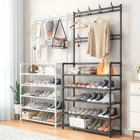 Three In One Tree Storage Bench With Industrial Shoe Rack And Eight Hooks Space Saving Organizer With Steel and Cloth Shelves