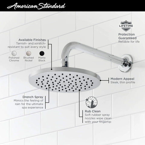 Studio S 8 Inch Rain Showerhead in Brushed Nickel, 2.5 GPM, wall-mounted with easy clean nozzles and drench spray.