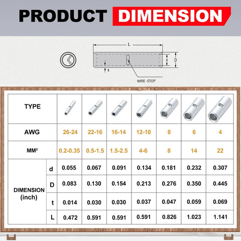 Uninsulated butt connectors set in bare copper for 22-16 AWG, shown with size chart and dimension diagram.