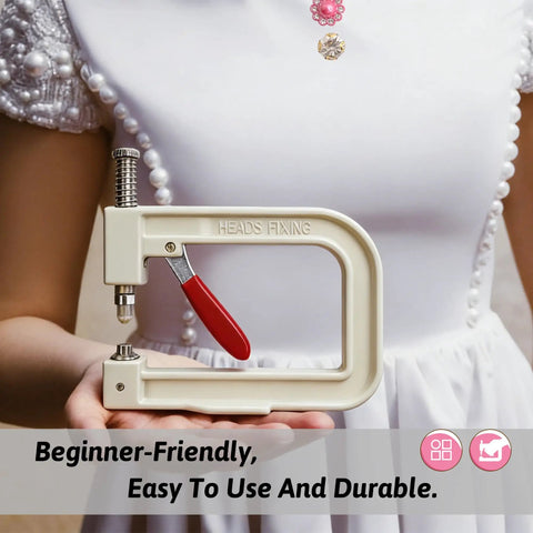 Hand holding the All In One Pearl Setting Kit With 4085 Beads And Nails For DIY Pearl Setting Machine Hand Press Tool.