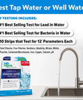 Complete Drinking Water Test Kit For Tap Water And Well Water With DIY Screening For 14 Parameters And Optional Lab Analysis displayed beside a faucet.