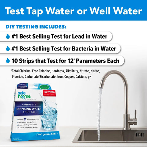 Complete Drinking Water Test Kit For Tap Water And Well Water With DIY Screening For 14 Parameters And Optional Lab Analysis displayed beside a faucet.