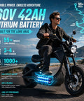 High Output 4000W Electric Motorcycle With A Dual 60V Battery Rig Delivering Over One Hundred Ten Miles Per Charge And Rolling Fifty MPH Tops With Quick Hydraulic Brake Stops For Adults Who Want Zero Hassle And Maximum Thrill riding on a scenic road with a 60V 42AH lithium battery.