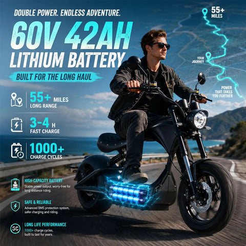 High Output 4000W Electric Motorcycle With A Dual 60V Battery Rig Delivering Over One Hundred Ten Miles Per Charge And Rolling Fifty MPH Tops With Quick Hydraulic Brake Stops For Adults Who Want Zero Hassle And Maximum Thrill riding on a scenic road with a 60V 42AH lithium battery.