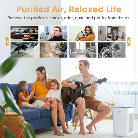 Family relaxing in living room near an air purifier, highlighting Air Purifier Replacement Filter With True HEPA Filtration Three Stage System