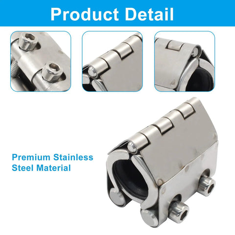 LifCratms pipe repair clamp, stainless steel, 20–23 mm (1/2 in) size for plastic and metal pipes.
Close-up of LifCratms pipe repair clamp bolt and nut in stainless steel.
Close-up of hinge segment on LifCratms pipe repair clamp.
Installed LifCratms pipe repair clamp around a pipe, stainless steel.