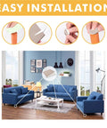Installation steps for Self Adhesive Felt Furniture Pads For Hardwood Floors, 8 Pack, in a living room setting with blue sofas.