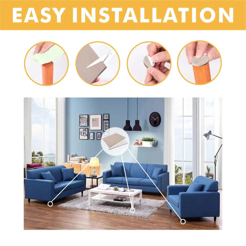 Installation steps for Self Adhesive Felt Furniture Pads For Hardwood Floors, 8 Pack, in a living room setting with blue sofas.