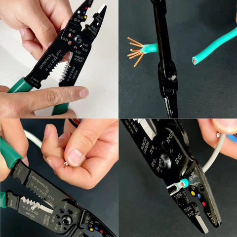 All In One 8 Inch Wire Stripper And Crimp Tool For 8 To 22 AWG Solid And Stranded Wire in use, stripping and cutting wires