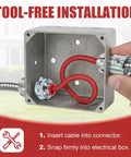 Heavy Duty Zinc MC Cable Connectors 35 Pack Snap In Mounting For One Half Inch Knockouts showing tool-free installation with red cable.