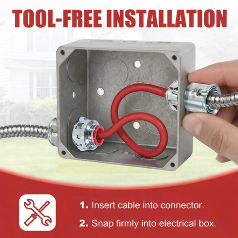 Heavy Duty Zinc MC Cable Connectors 35 Pack Snap In Mounting For One Half Inch Knockouts showing tool-free installation with red cable.