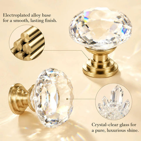 Six Pack Swanky Clear Faceted Glass Cabinet Knobs With Trendy Gold Alloy Base Dropping Major Glam On Your Dresser Bedrooms And Kitchen Cabinets, showcasing crystal-clear glass and gold base.