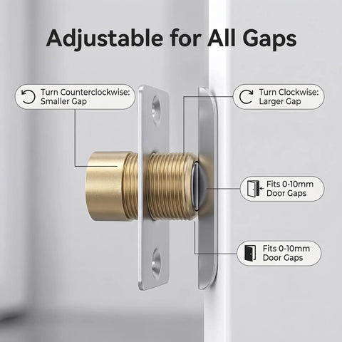 Adjustable Ball Magnetic Door Catch with stainless steel bracket and brass latch showing adjustment for 0-10mm door gaps