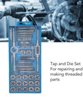 Premium 40 Piece High Carbon Steel Tap And Die Set With Wrenches Thread Gauge And Screwdriver For Auto Repair Metalworking And DIY Projects To Fix Threads On The Fly packaged in blue case