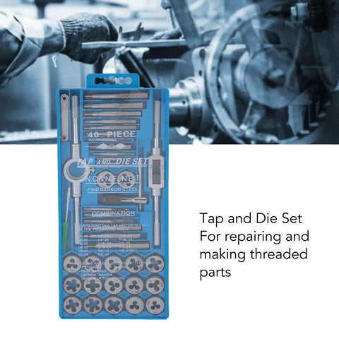 Premium 40 Piece High Carbon Steel Tap And Die Set With Wrenches Thread Gauge And Screwdriver For Auto Repair Metalworking And DIY Projects To Fix Threads On The Fly packaged in blue case